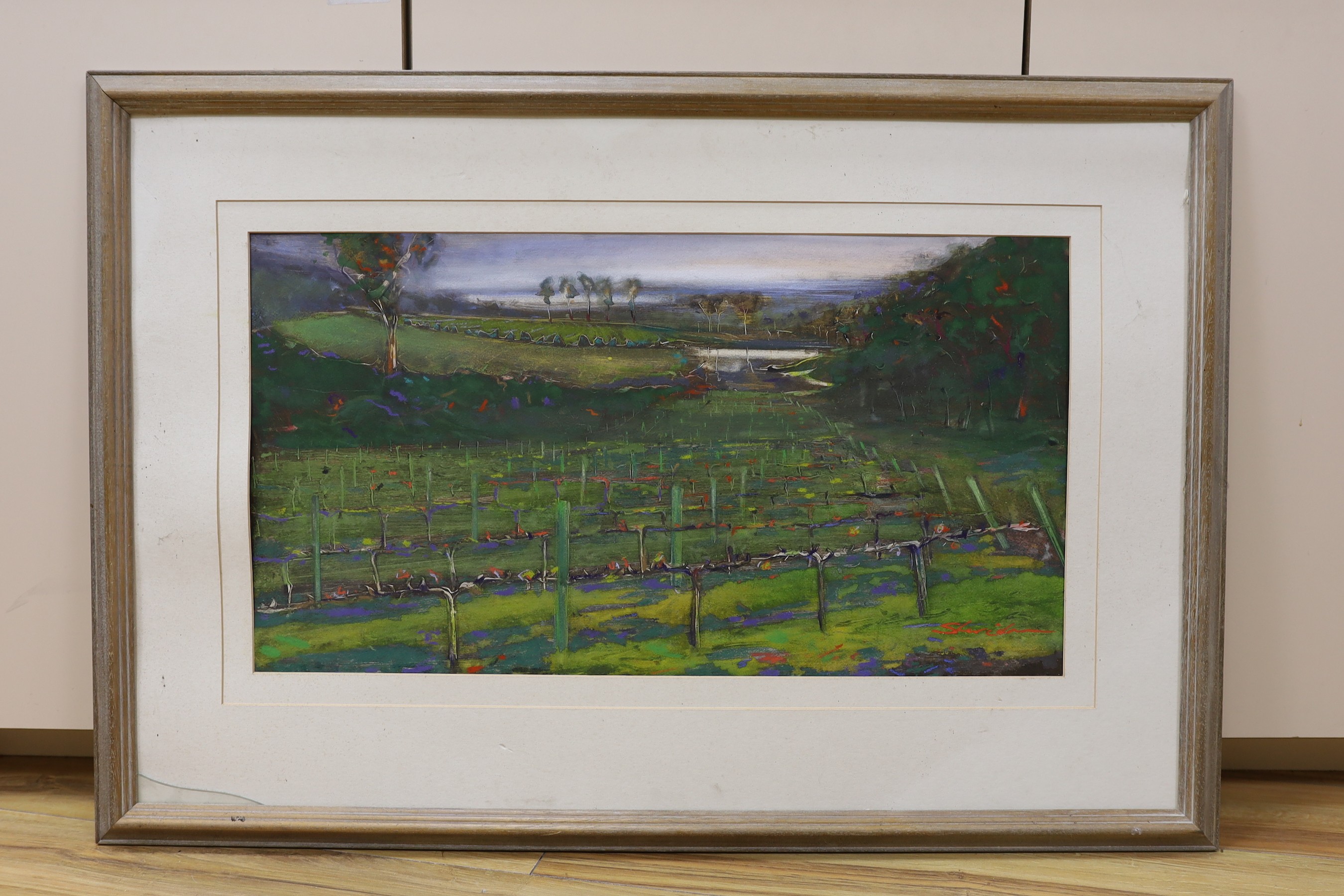 Watercolour, Vineyard landscape, indistinctly signed, 36 x 66cm